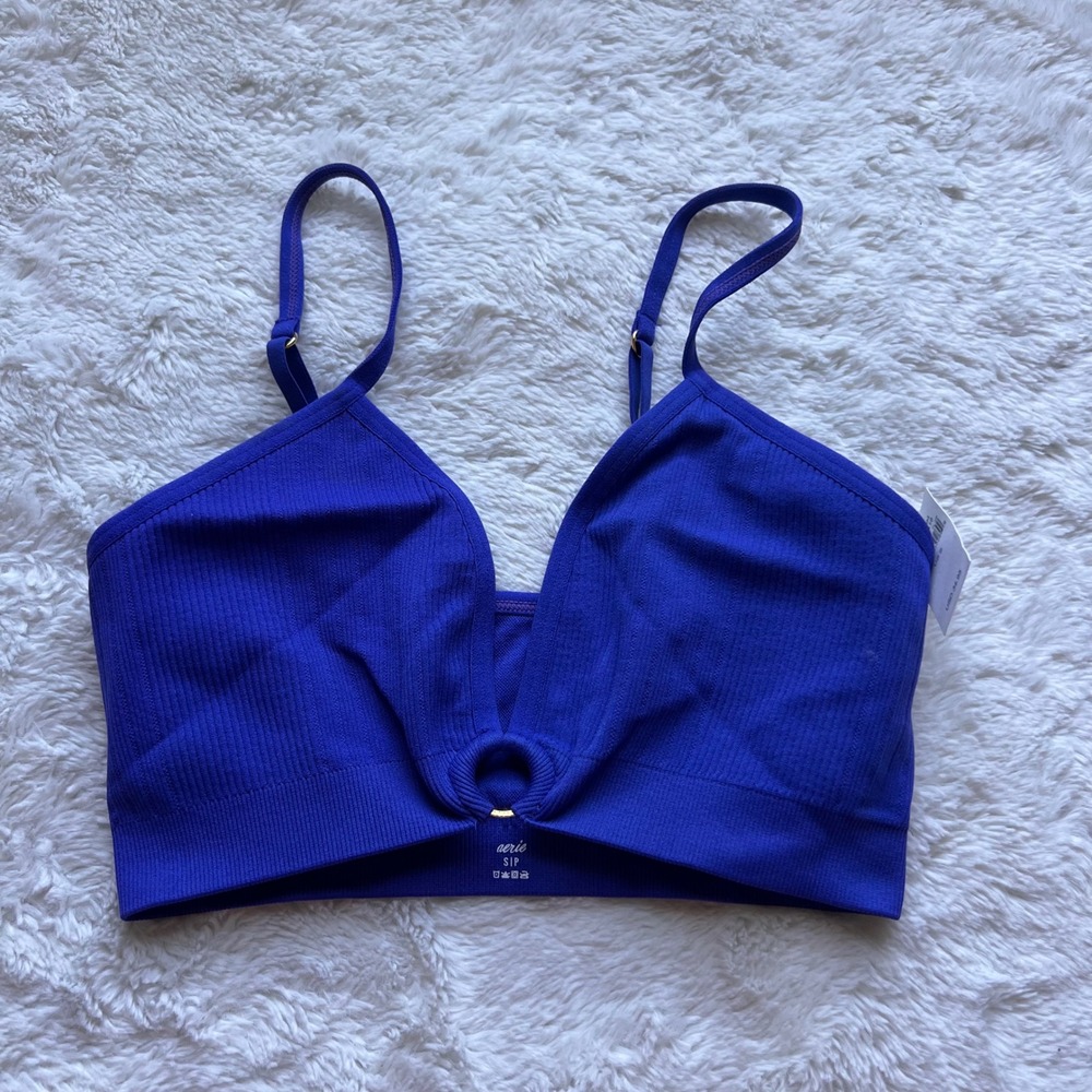 Aerie Seamless Ribbed O-Ring Bralette Royal Blue V-Neck Adjustable Straps Small